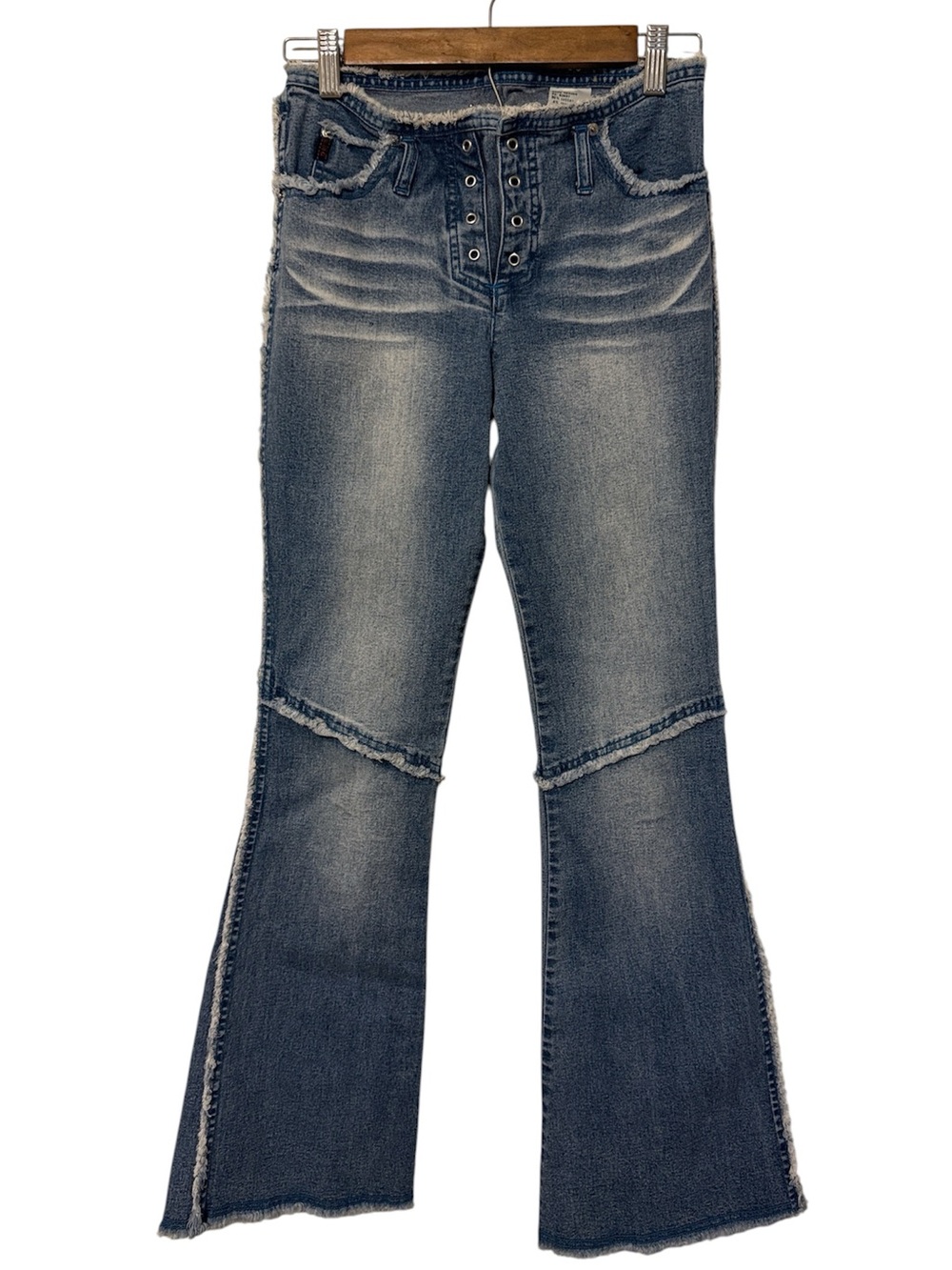 Vintage Mudd Lace Up Flare Jeans Frayed Contrast Trim Mid Low Rise Y2K Retro 5